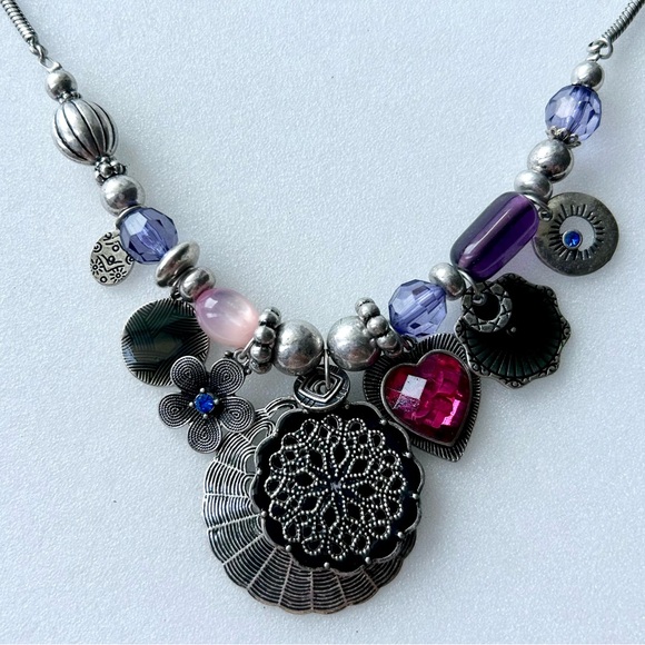 Tribal Sterling Silver Bib Necklace Purple Blue Pink Red Charms Snake Link 12” - Picture 4 of 11